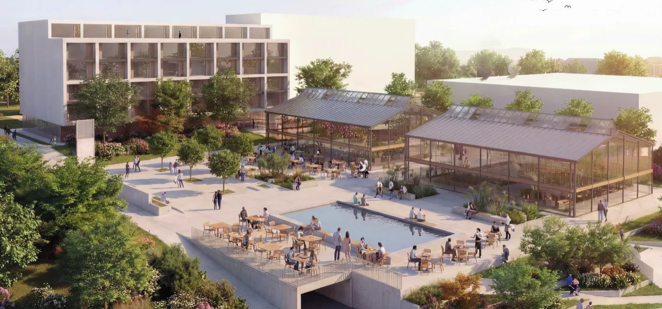 Vizualizácia centrálneho námestia so sklenenými pavilónmi, vodnou plochou a posedením